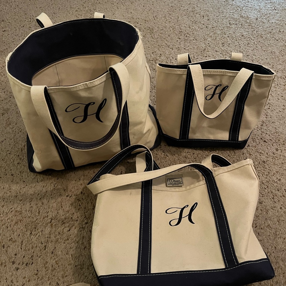 L.L. Bean Canvas Tote Trio with Navy Accents